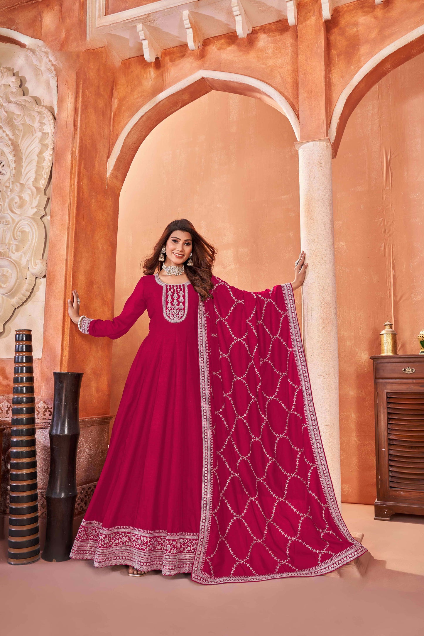 Embroidered Art Silk Gown with Lace Dupatta