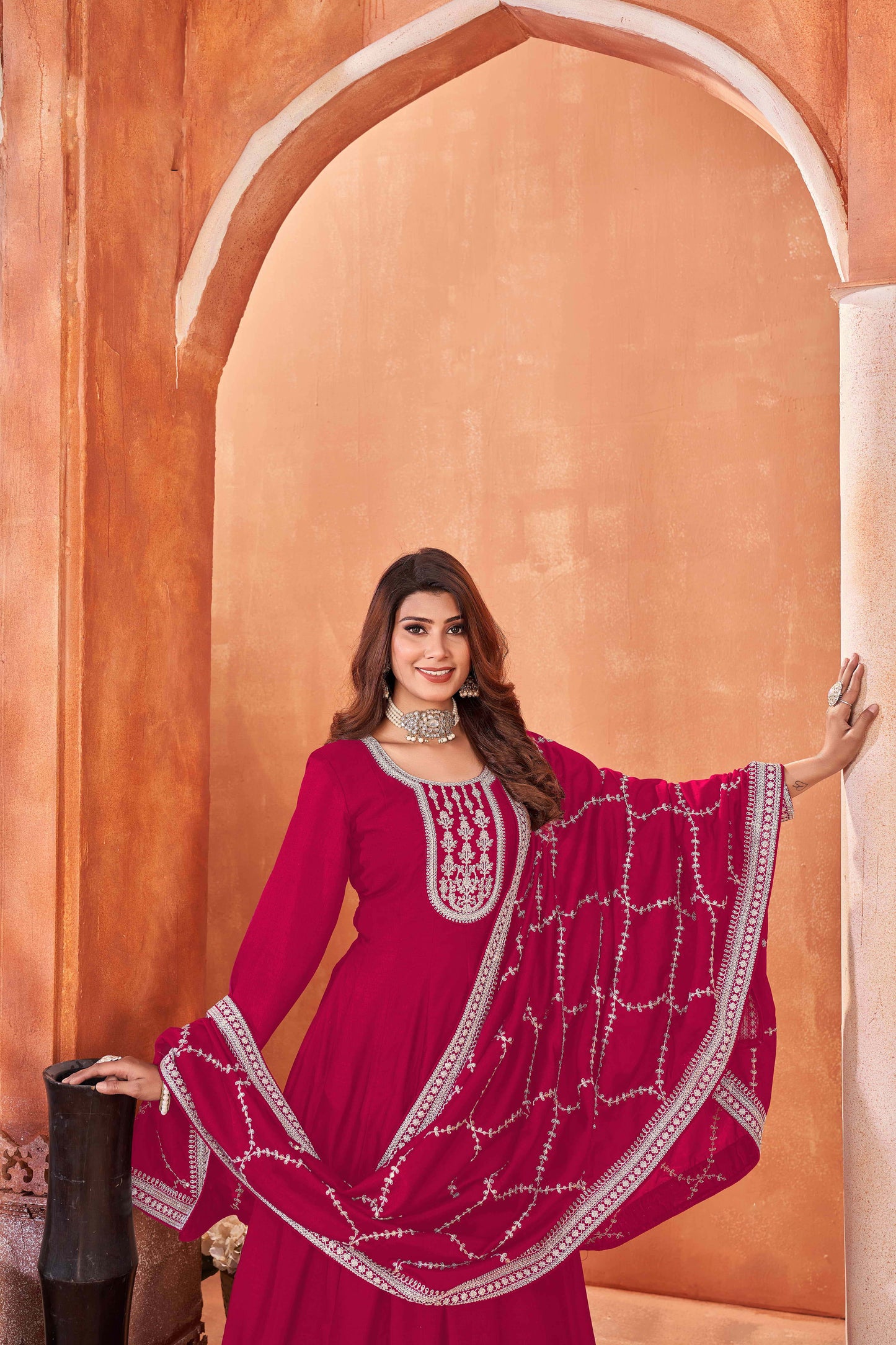 Embroidered Art Silk Gown with Lace Dupatta