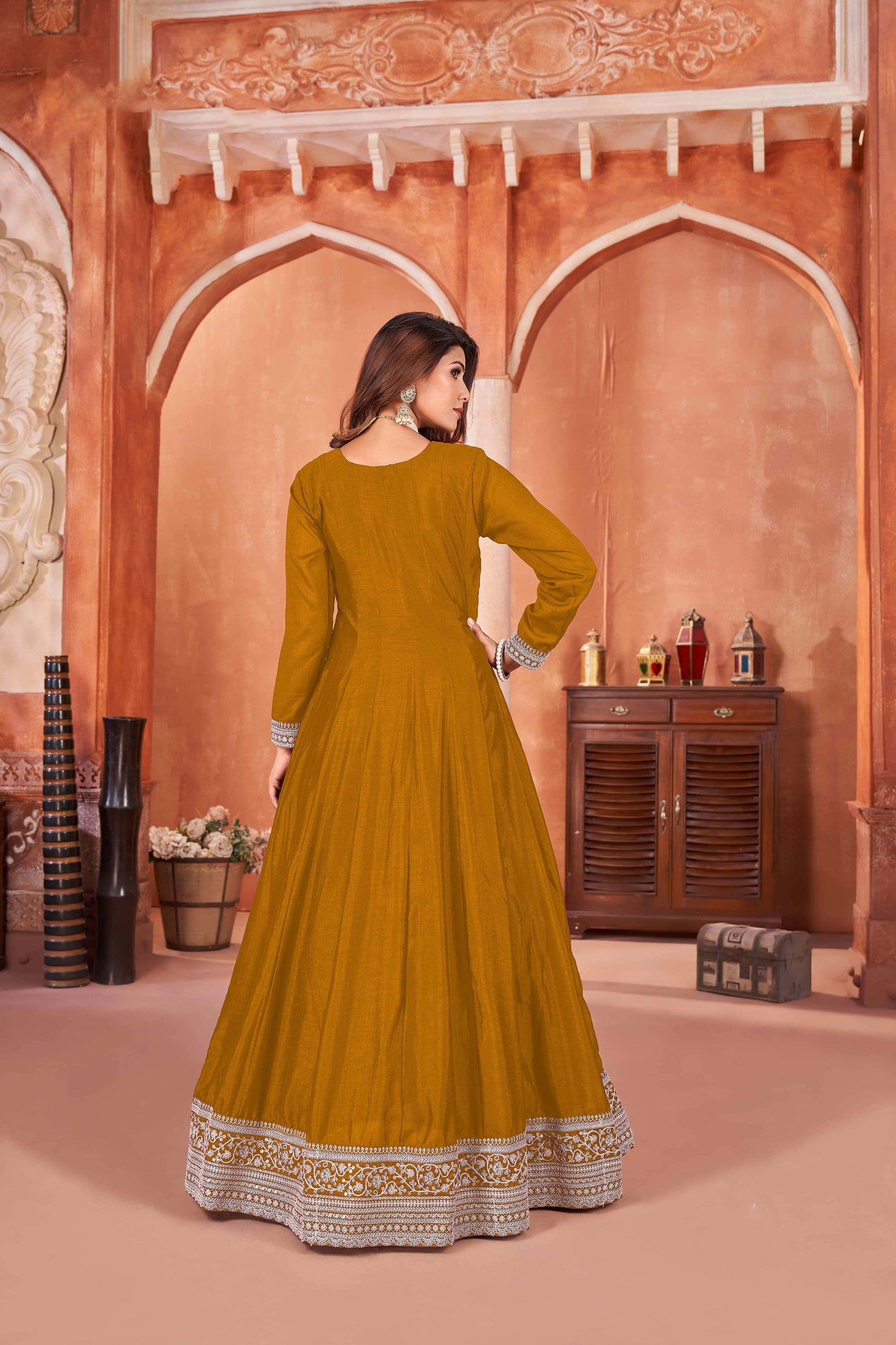 Embroidered Art Silk Gown with Lace Dupatta