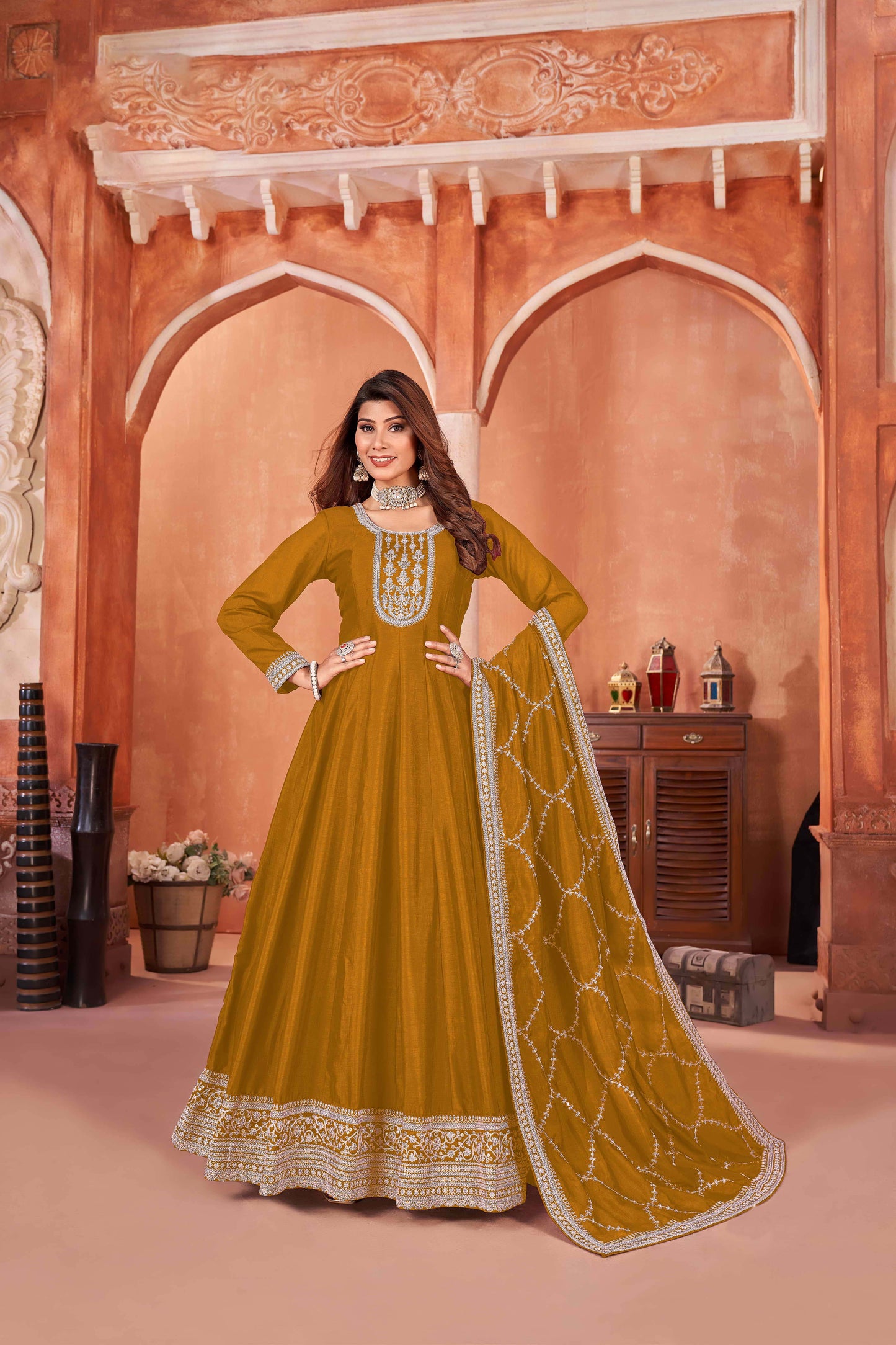 Embroidered Art Silk Gown with Lace Dupatta