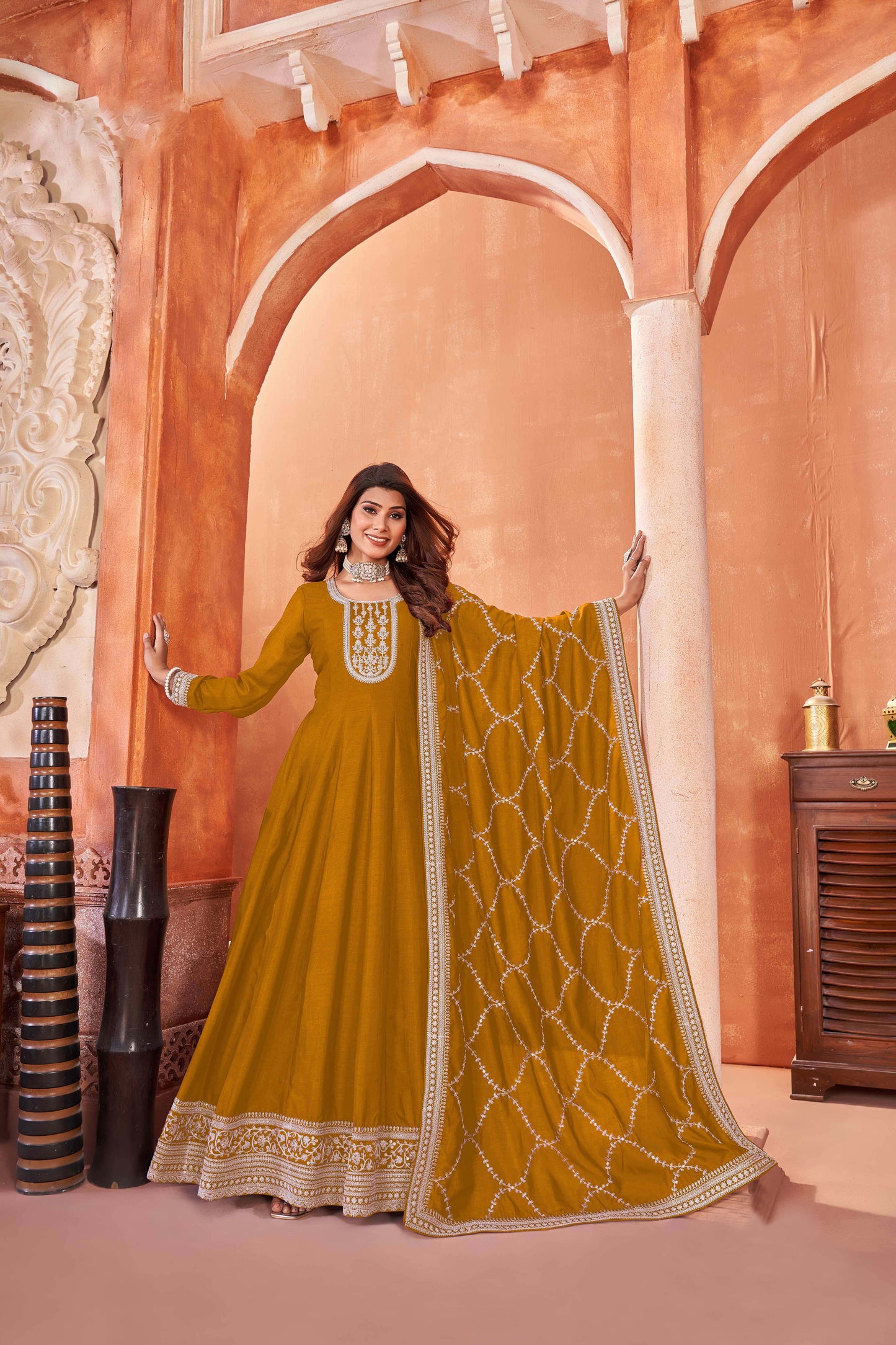 Embroidered Art Silk Gown with Lace Dupatta