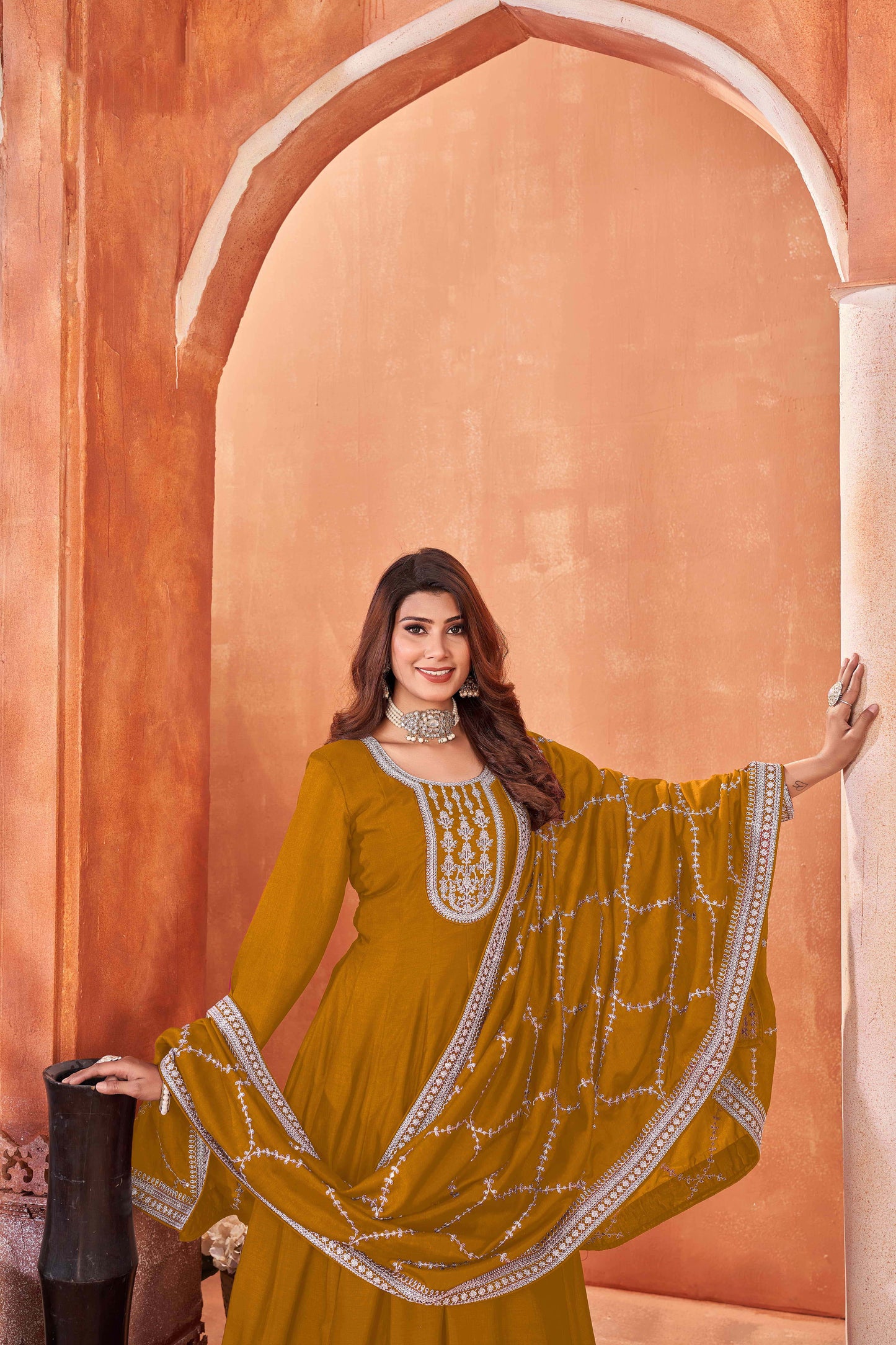 Embroidered Art Silk Gown with Lace Dupatta