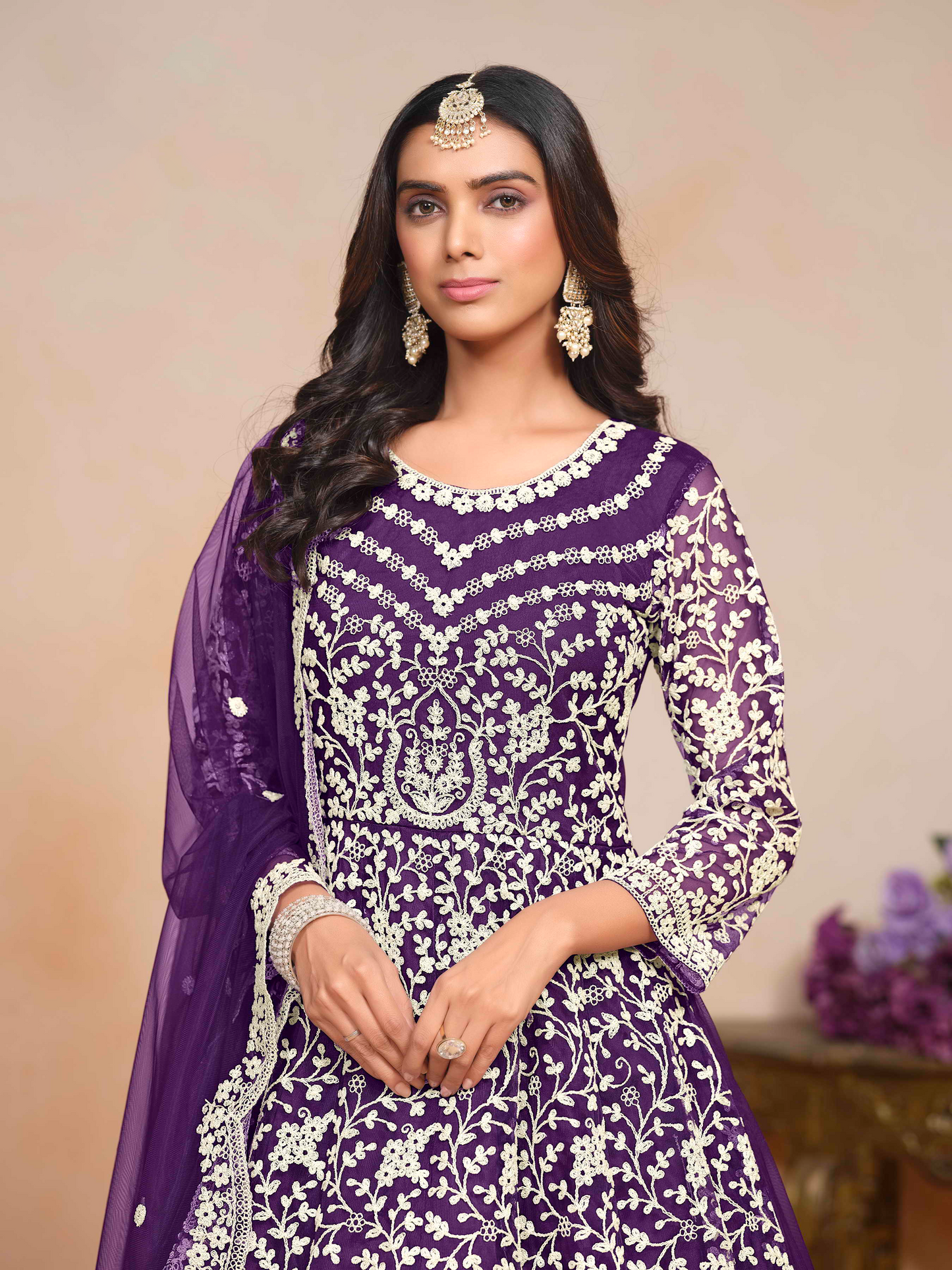 Embroidered Net Anarkali Gown with Dori Work