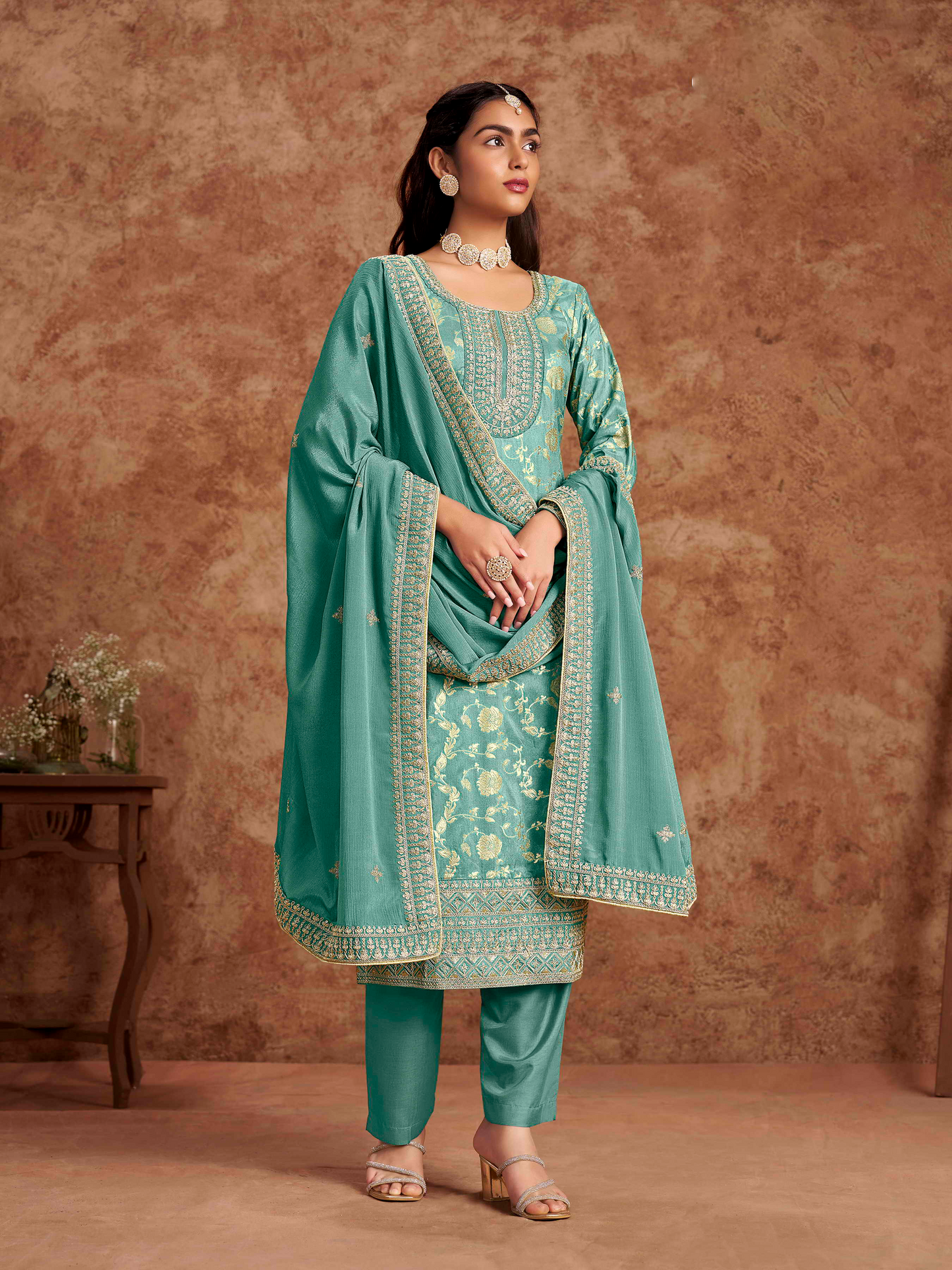 Embroidered Dolla Jacquard Palazzo Suit with Lace Dupatta
