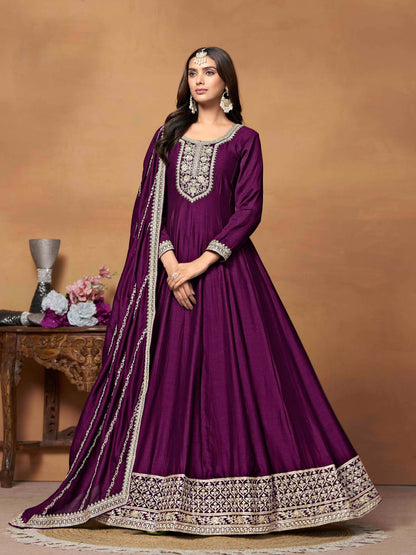 Embroidered Art Silk Gown with Dupatta