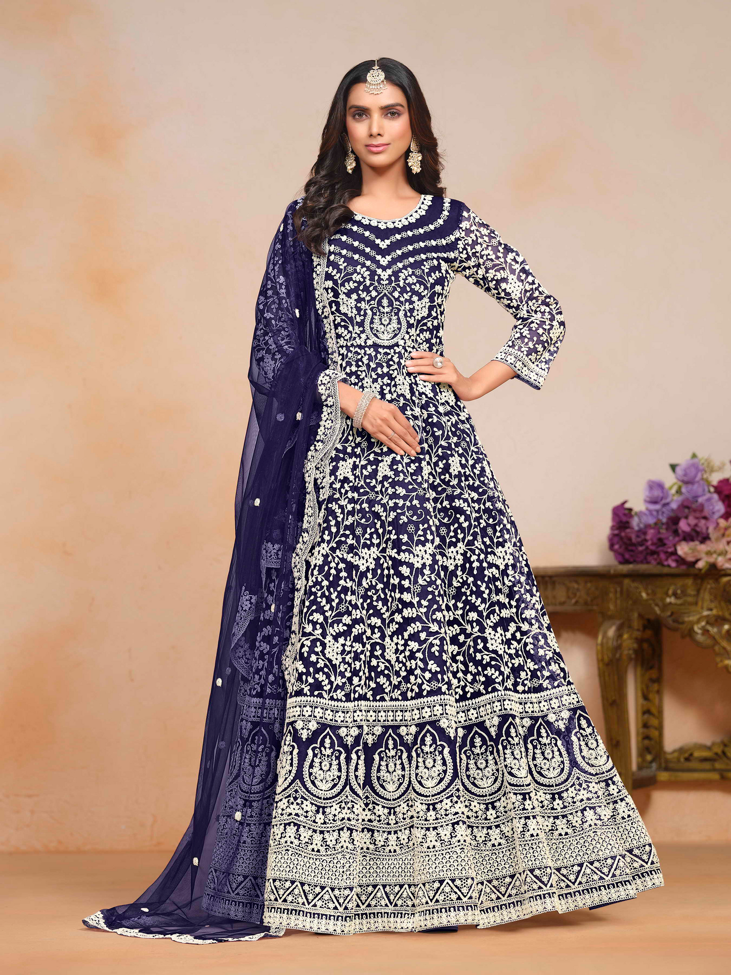 Embroidered Net Anarkali Gown with Dori Work