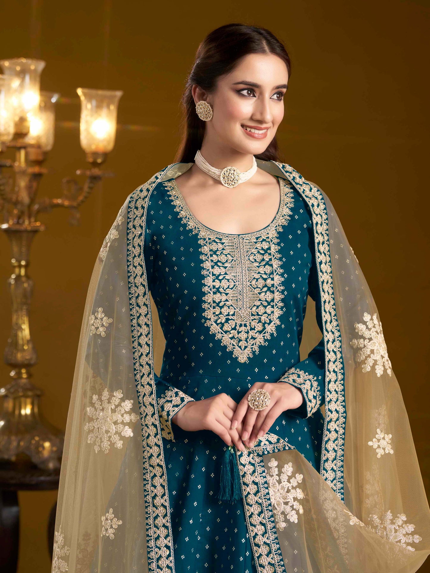 Embroidered Chanderi Butti Gown with Net Lace Dupatta