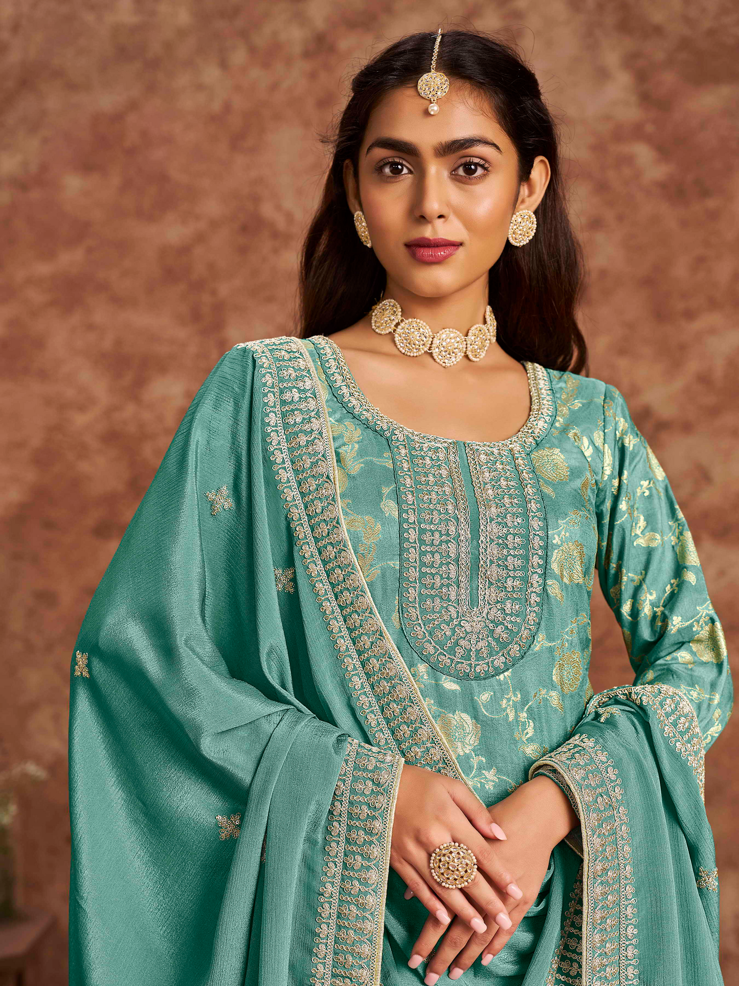 Embroidered Dolla Jacquard Palazzo Suit with Lace Dupatta