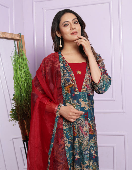 Modal Silk V-Neck Kurti with Handwork & Pant