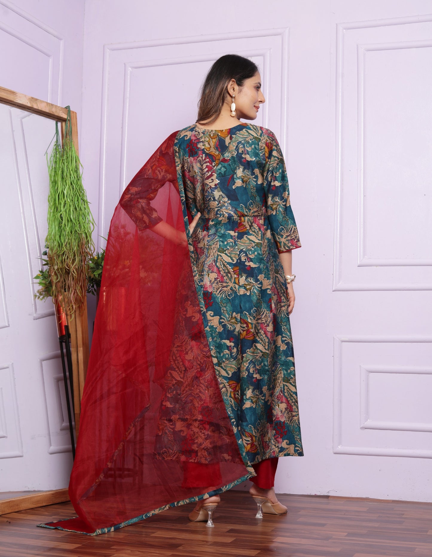 Modal Silk V-Neck Kurti with Handwork & Pant