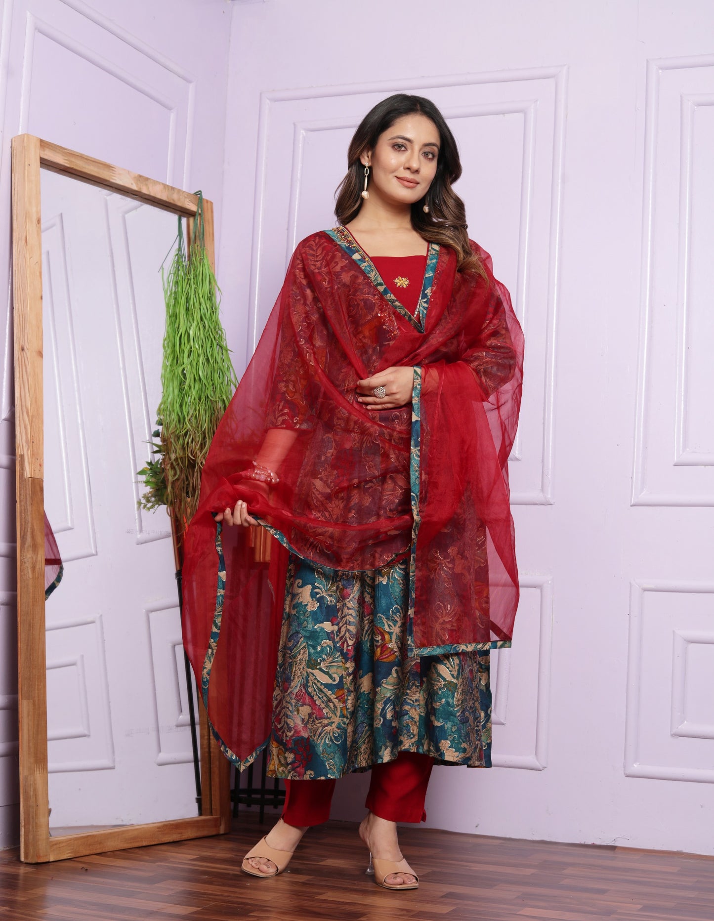 Modal Silk V-Neck Kurti with Handwork & Pant