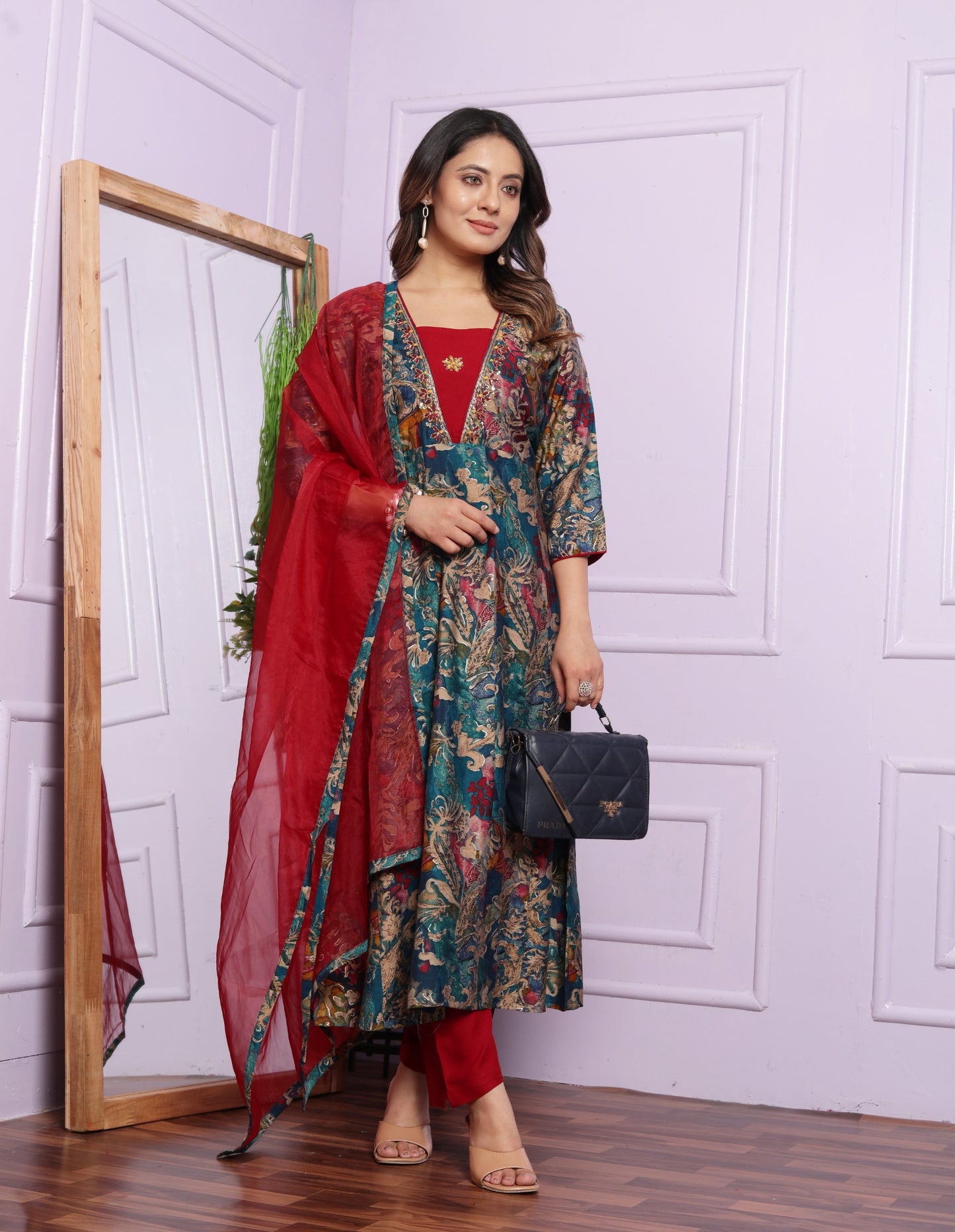 Modal Silk V-Neck Kurti with Handwork & Pant