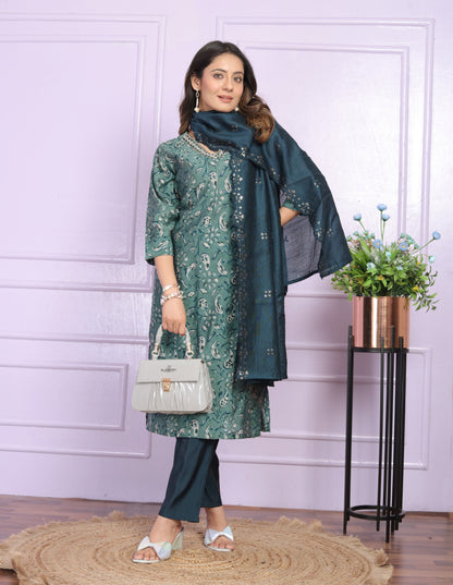 Modal Silk V-Neck Kurti Set in Rama Green