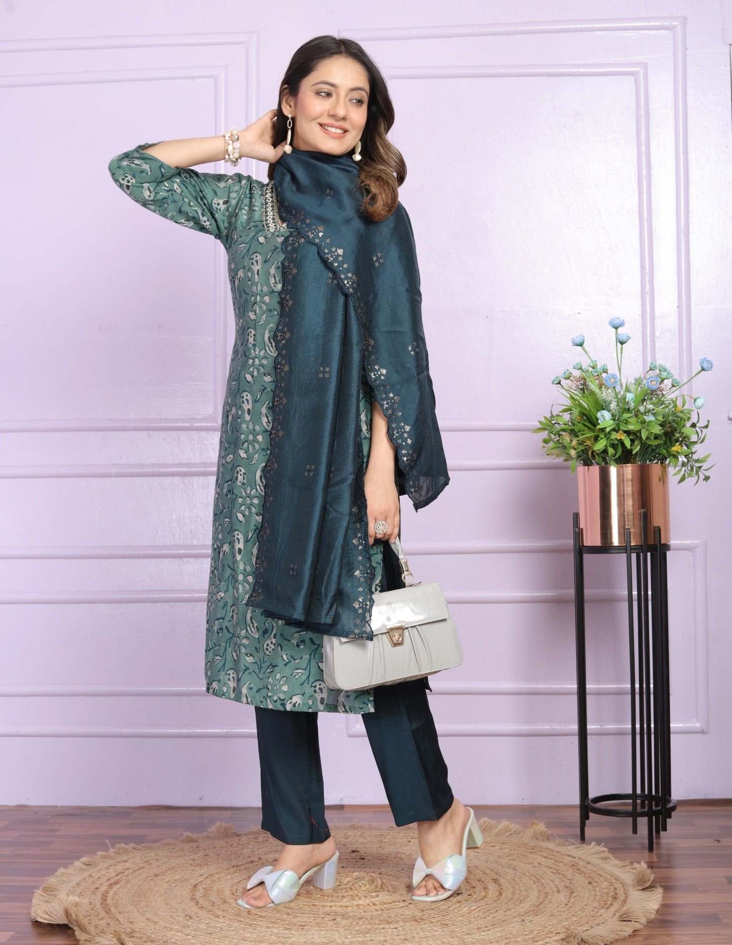 Modal Silk V-Neck Kurti Set in Rama Green