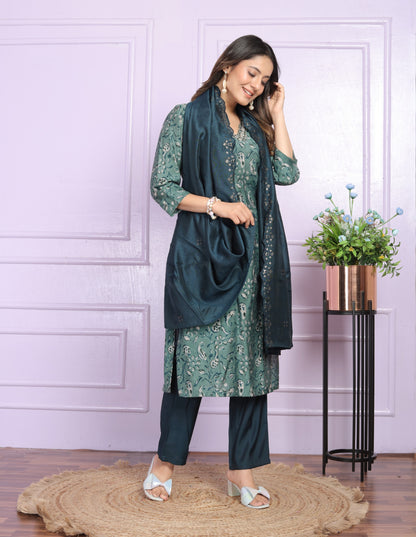 Modal Silk V-Neck Kurti Set in Rama Green