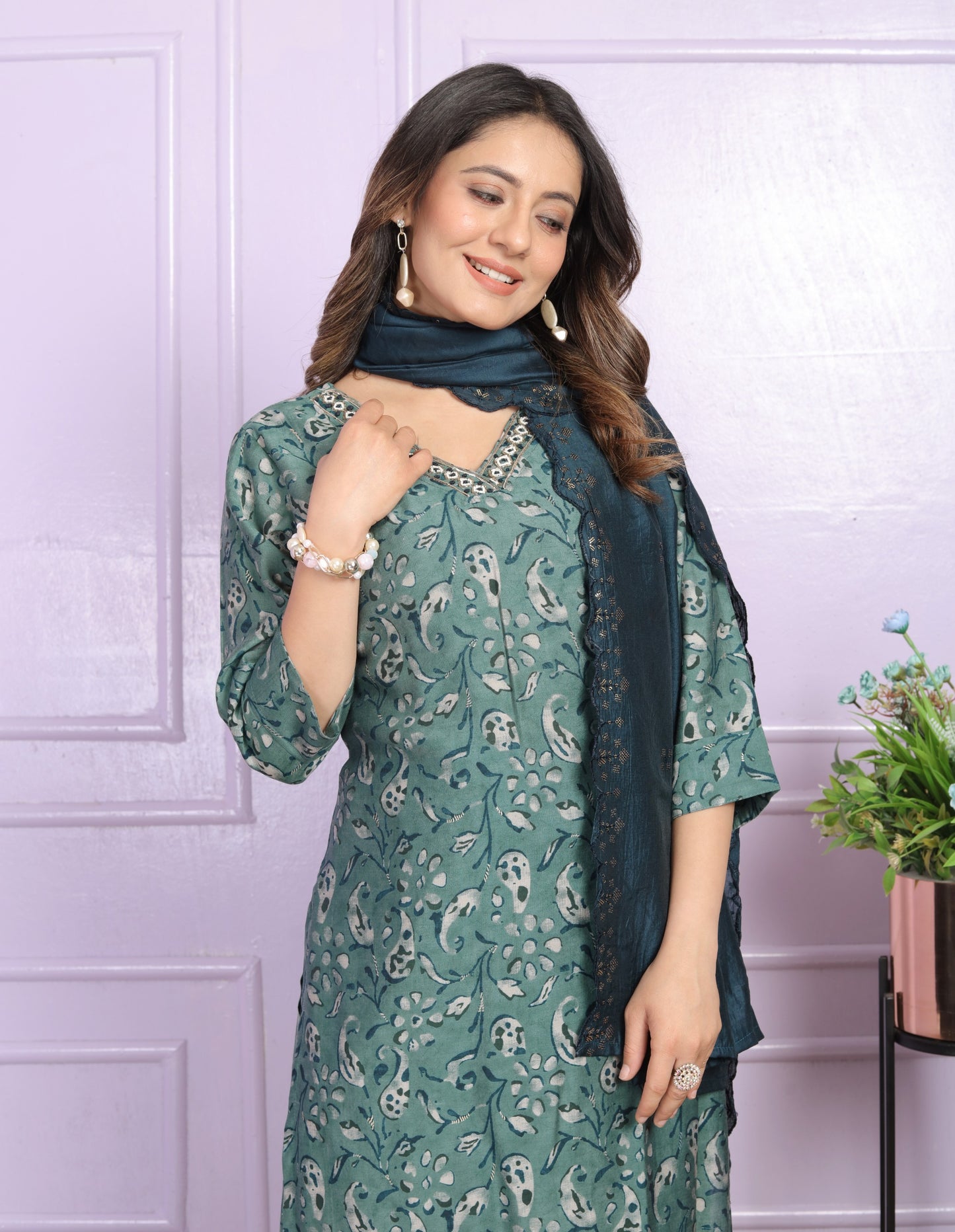 Modal Silk V-Neck Kurti Set in Rama Green