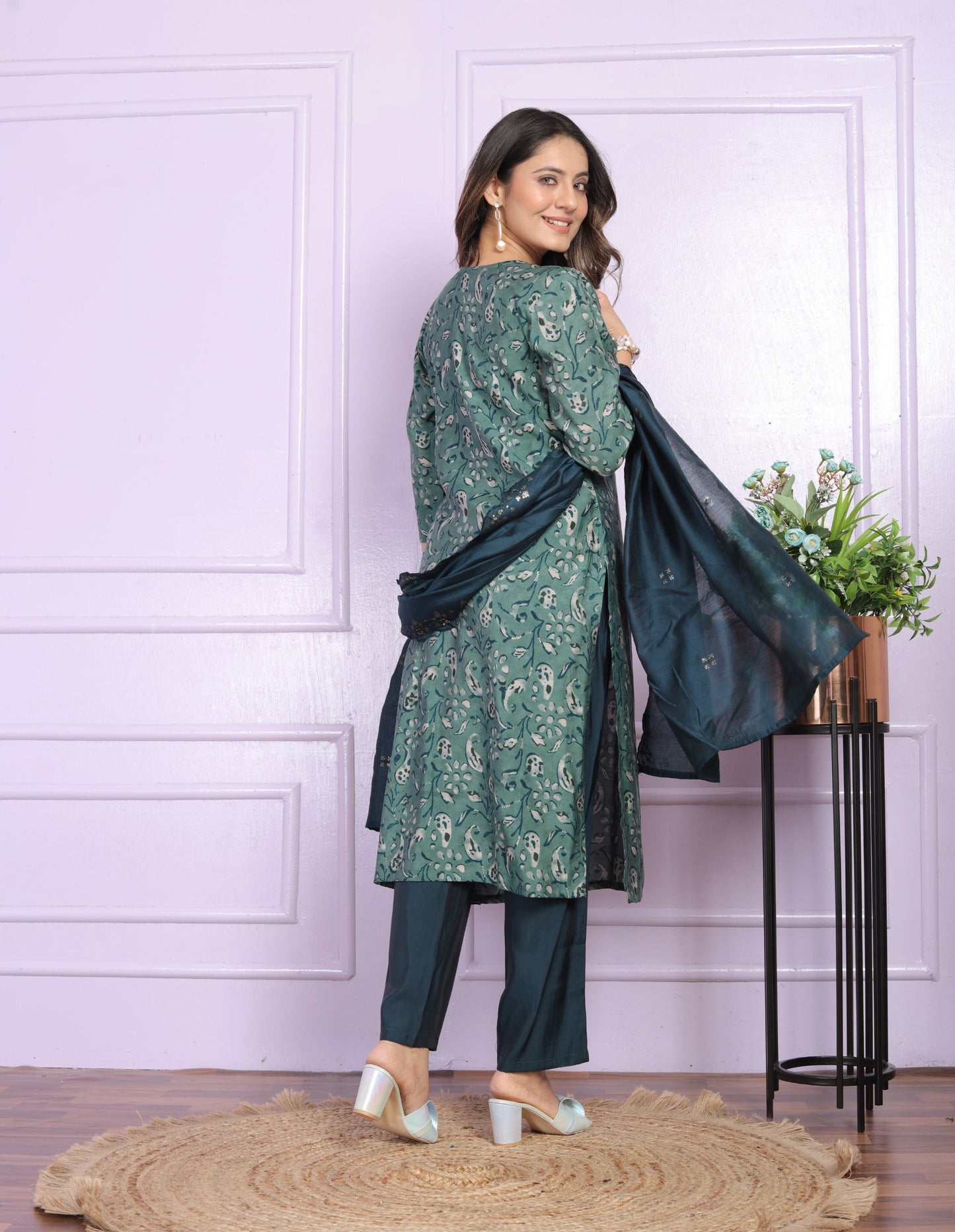 Modal Silk V-Neck Kurti Set in Rama Green