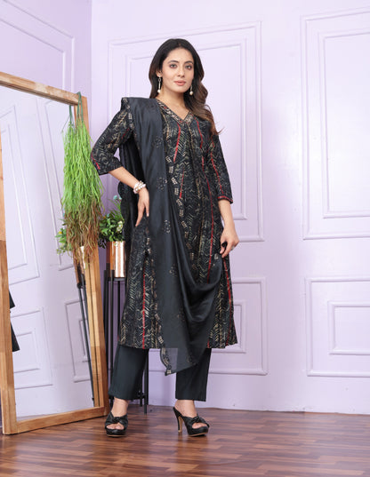 Modal Silk V-Neck Black Kurti with Handwork