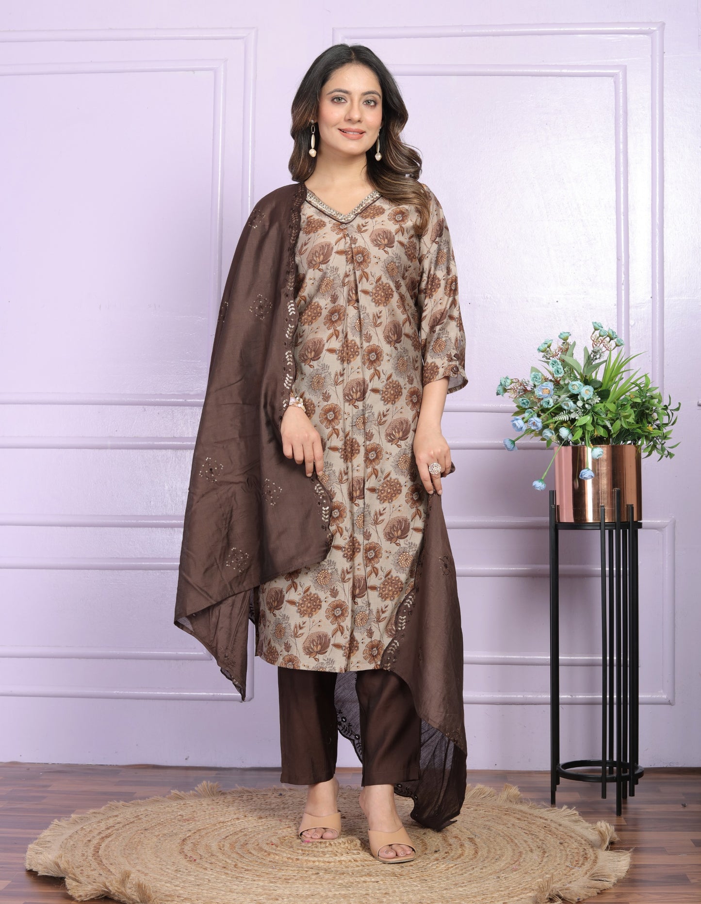 Modal Silk V-Neck Kurti Set in Brown & Sand