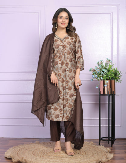 Modal Silk V-Neck Kurti Set in Brown & Sand