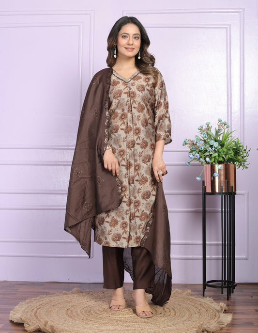 Modal Silk V-Neck Kurti Set in Brown & Sand
