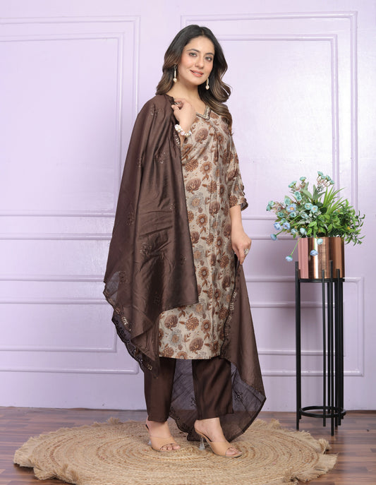 Modal Silk V-Neck Kurti Set in Brown & Sand