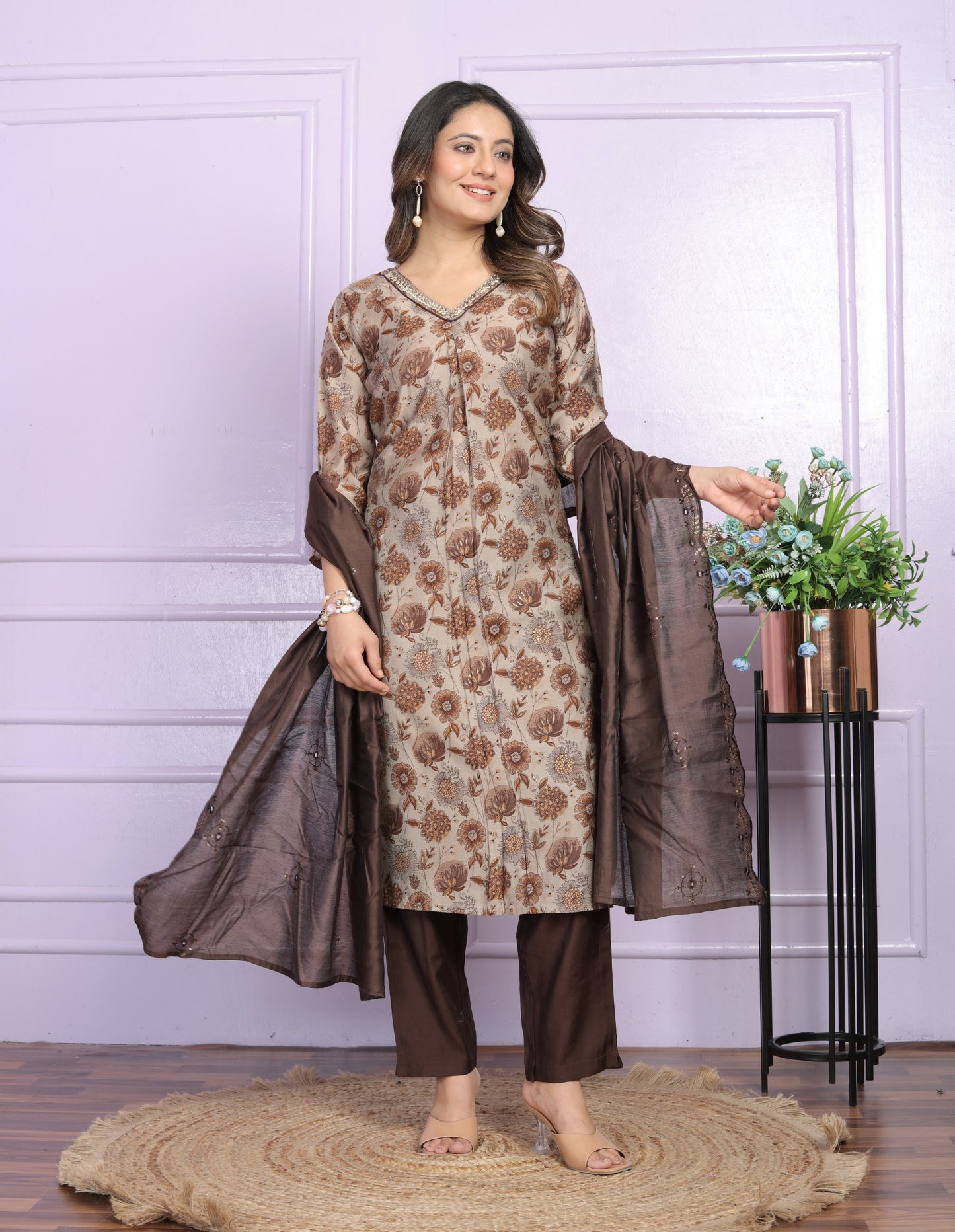 Modal Silk V-Neck Kurti Set in Brown & Sand