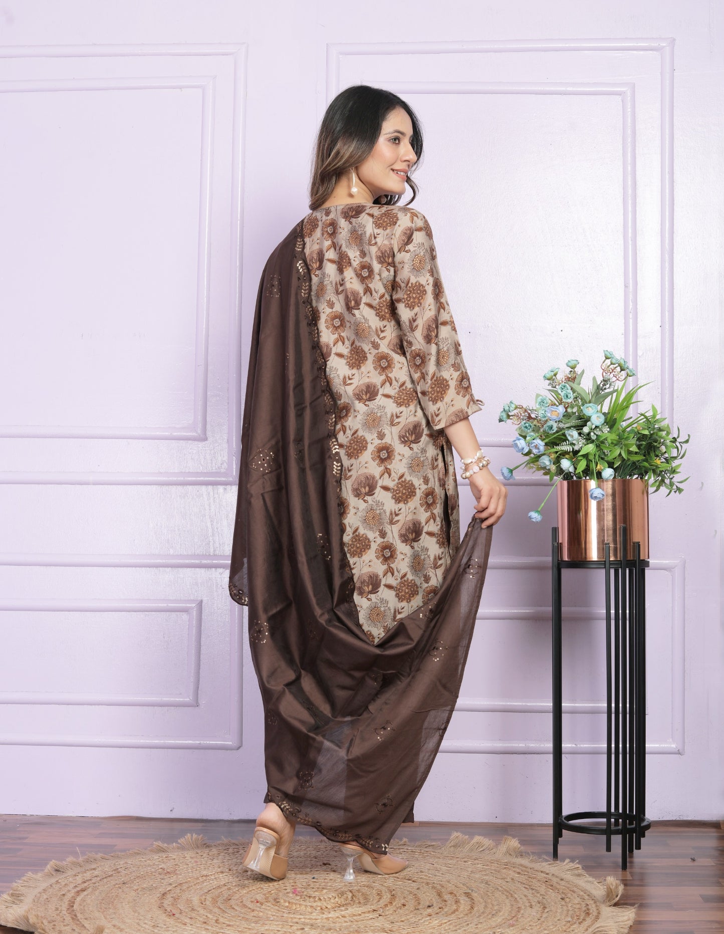Modal Silk V-Neck Kurti Set in Brown & Sand