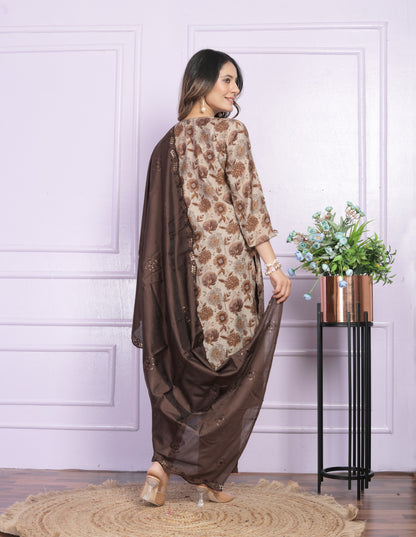 Modal Silk V-Neck Kurti Set in Brown & Sand