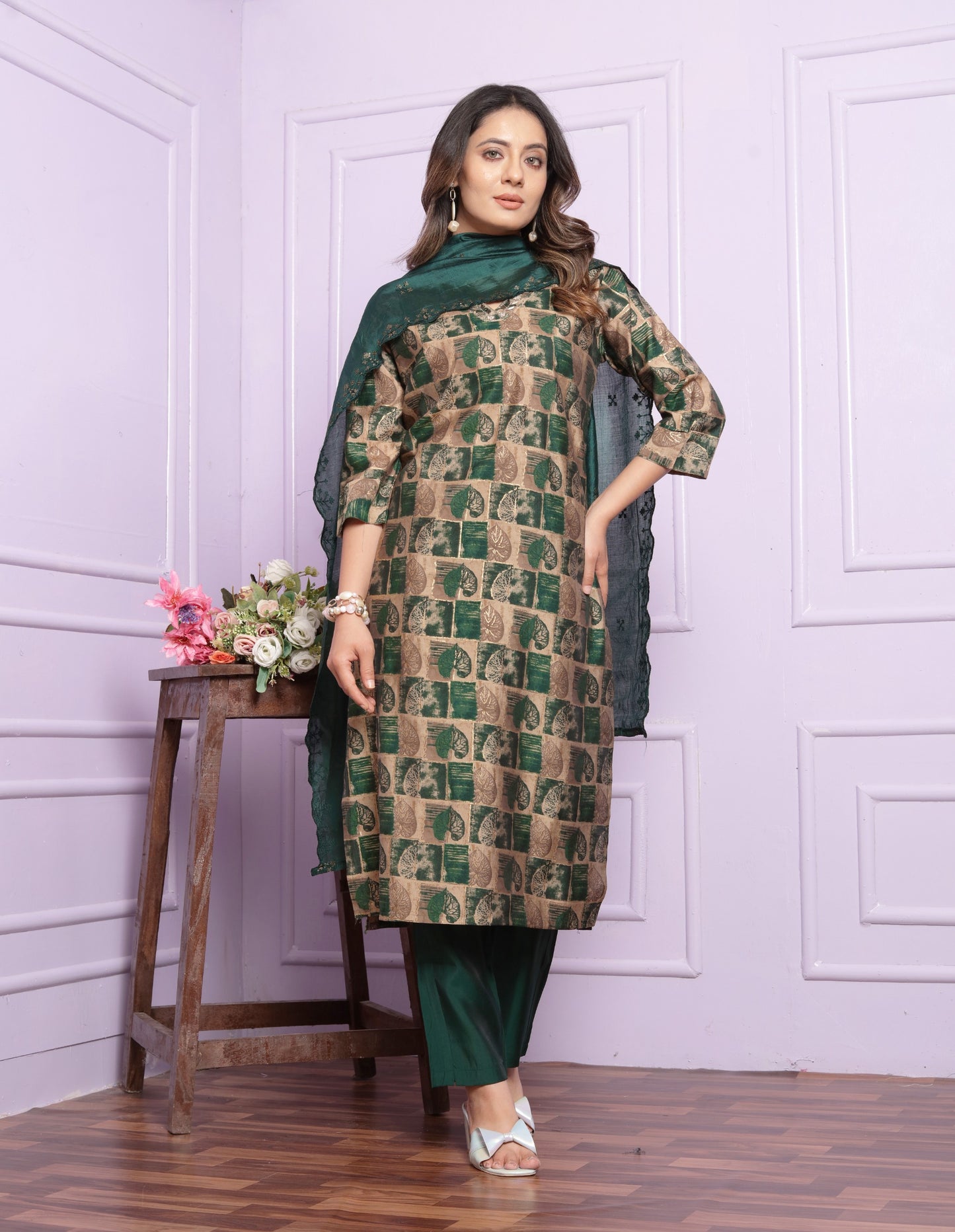 Modal Silk V-Neck Kurti Set in Sand & Bottle Green