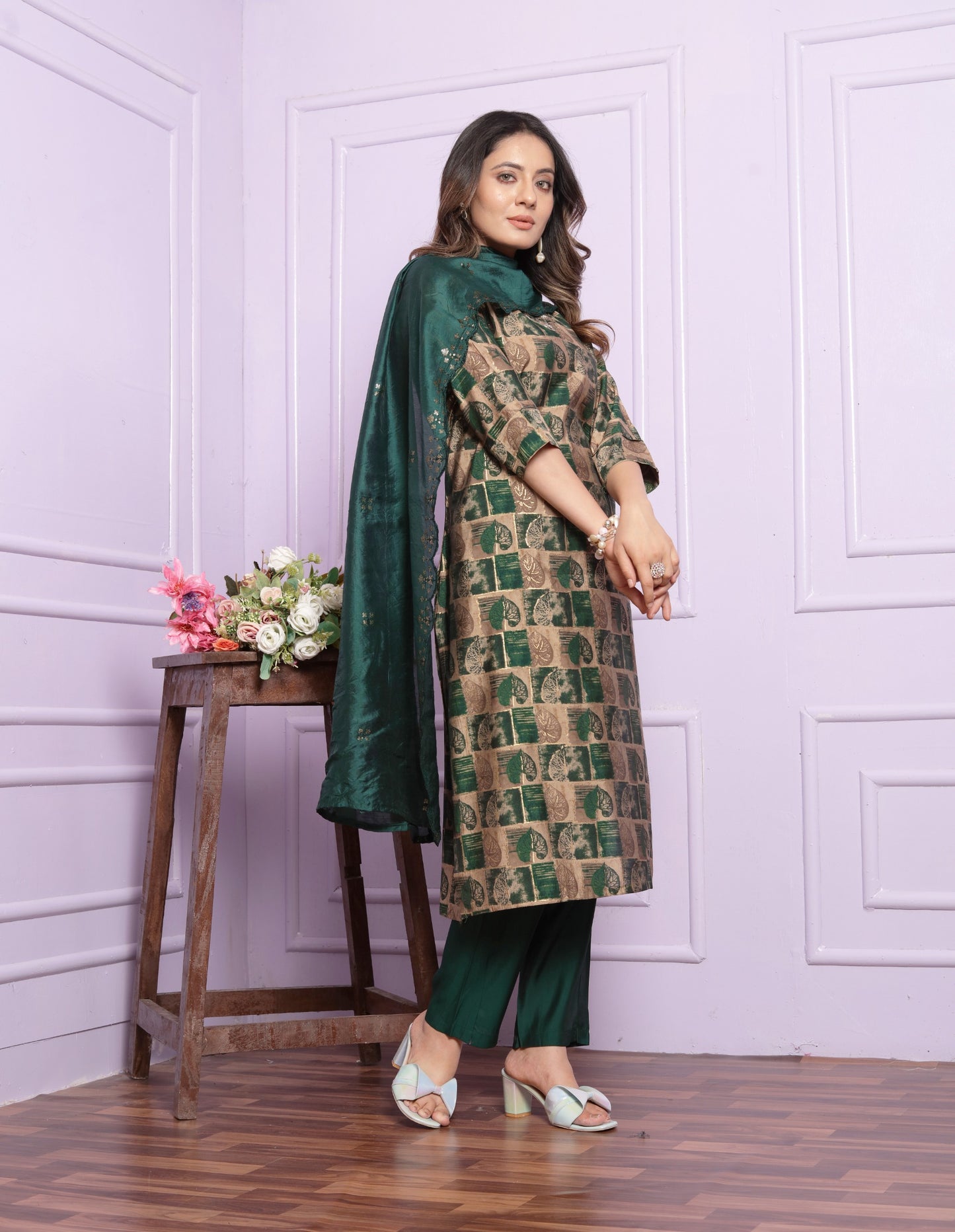 Modal Silk V-Neck Kurti Set in Sand & Bottle Green