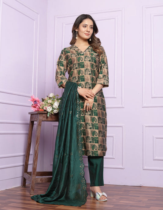 Modal Silk V-Neck Kurti Set in Sand & Bottle Green