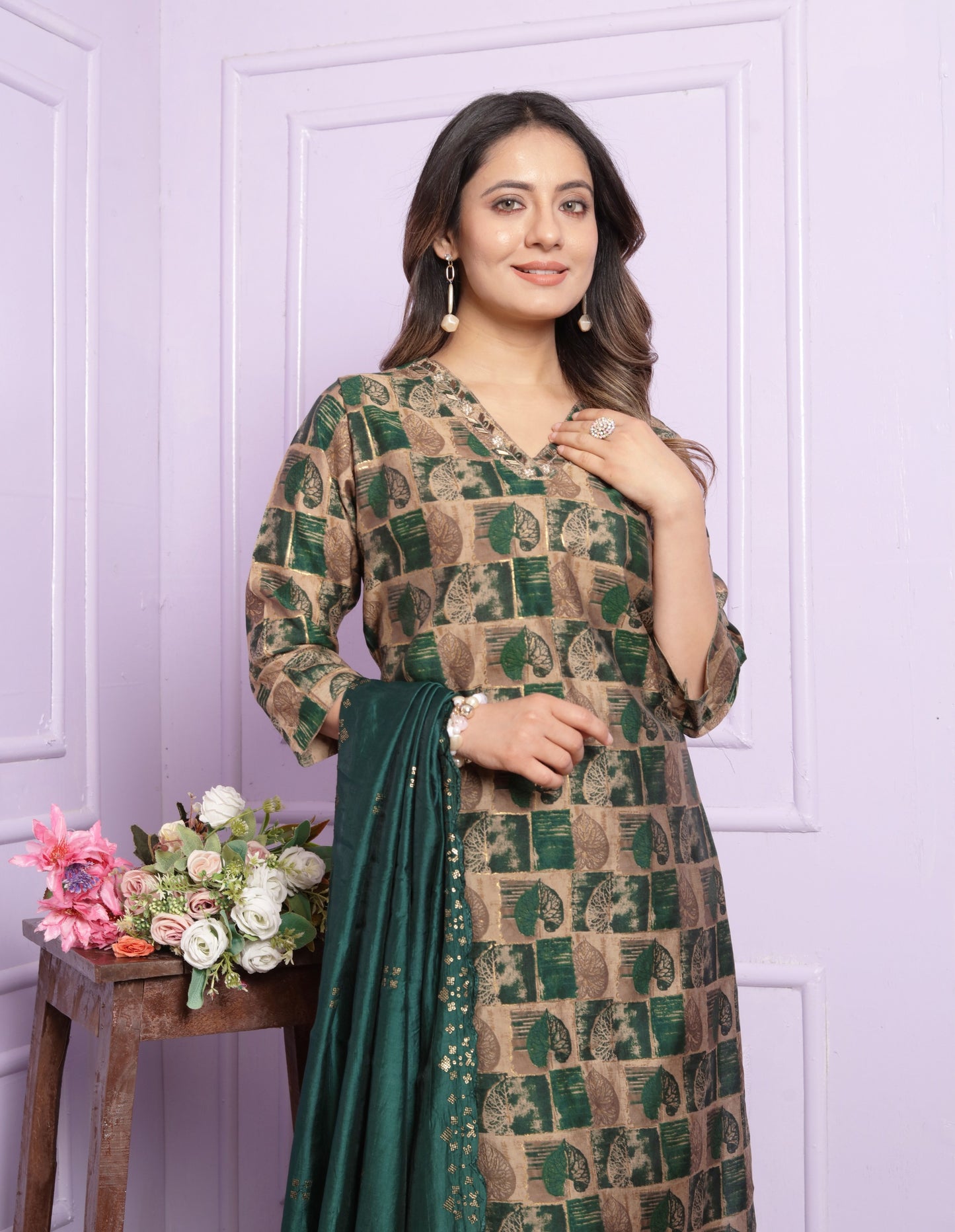 Modal Silk V-Neck Kurti Set in Sand & Bottle Green