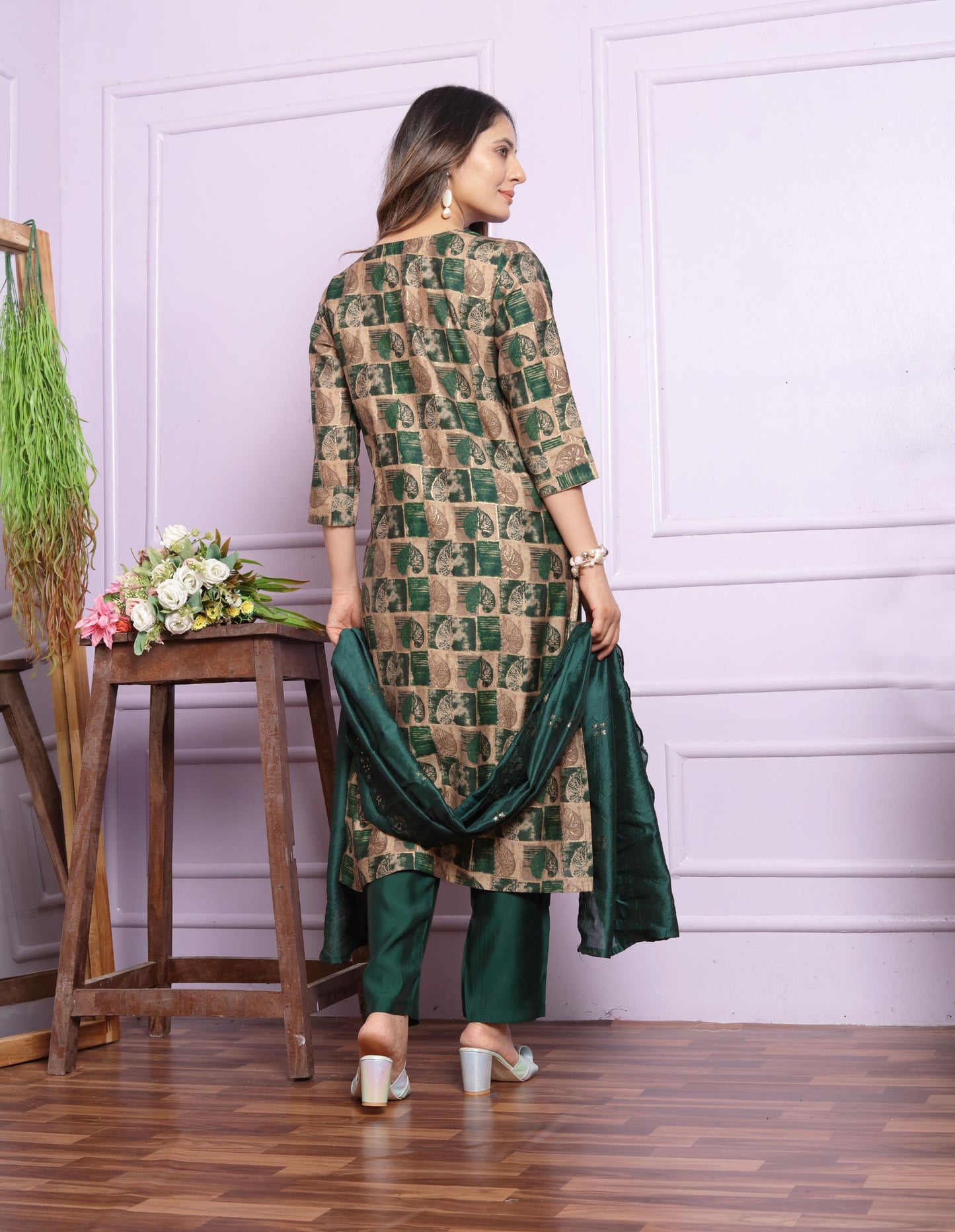 Modal Silk V-Neck Kurti Set in Sand & Bottle Green