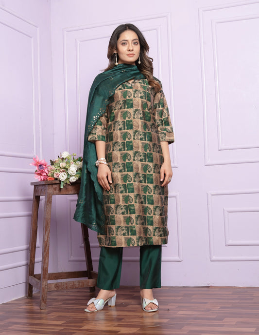 Modal Silk V-Neck Kurti Set in Sand & Bottle Green