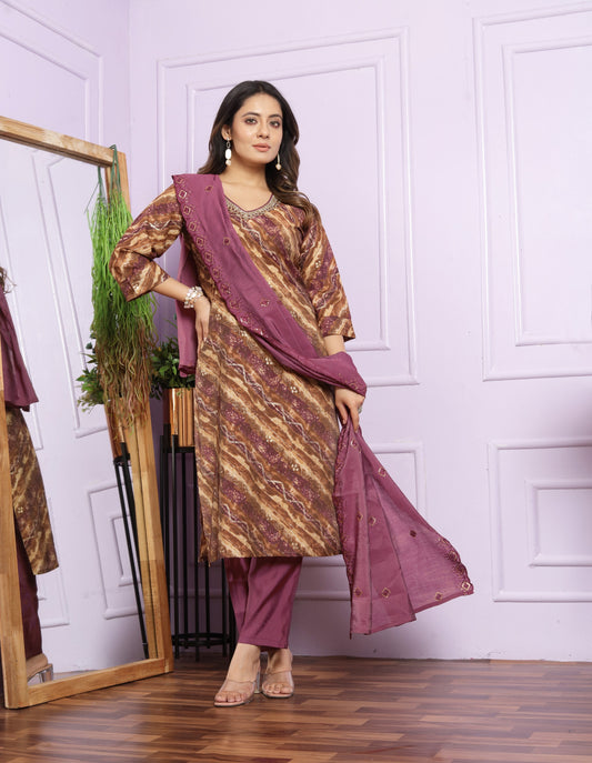 Modal Silk V-Neck Kurti Set in Sand & Rubine