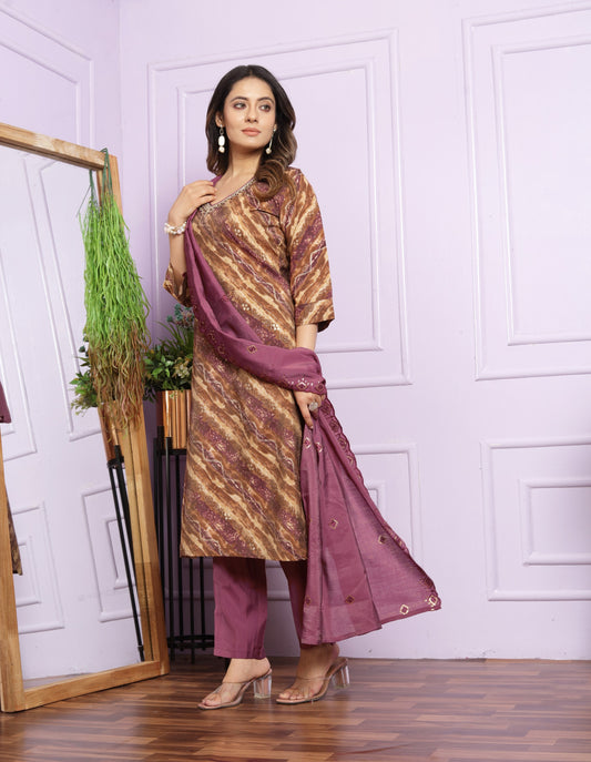 Modal Silk V-Neck Kurti Set in Sand & Rubine