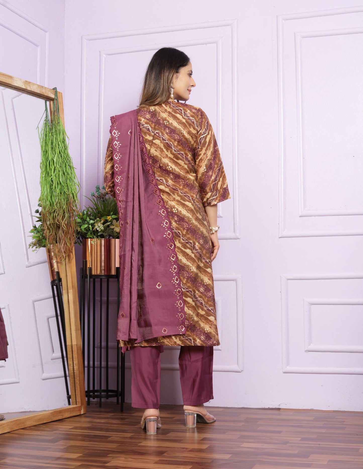Modal Silk V-Neck Kurti Set in Sand & Rubine