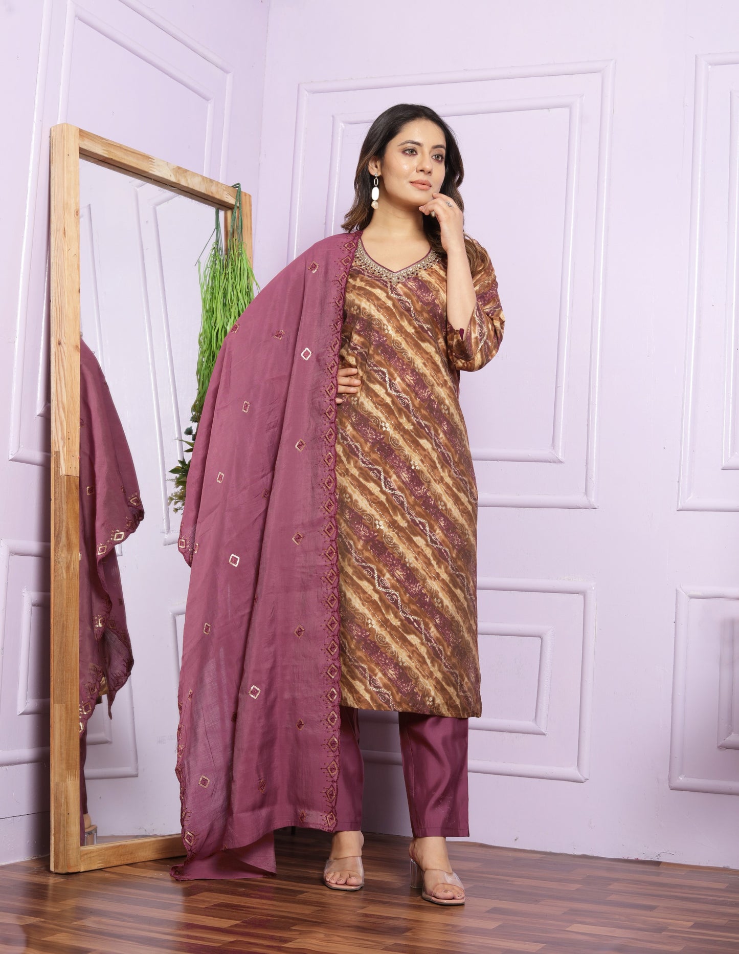 Modal Silk V-Neck Kurti Set in Sand & Rubine