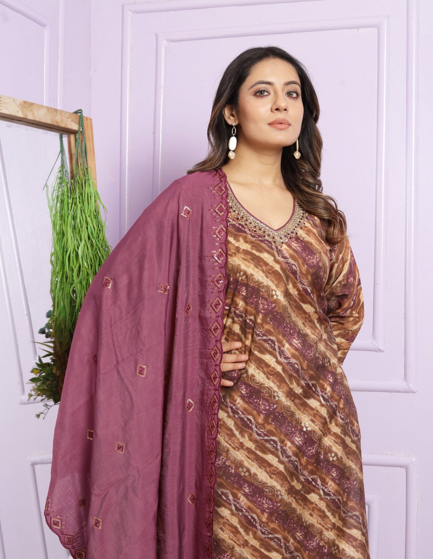 Modal Silk V-Neck Kurti Set in Sand & Rubine