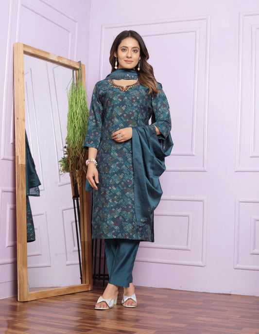 Modal Silk V-Neck Kurti Set in Indigo & Bandhani