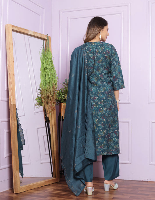 Modal Silk V-Neck Kurti Set in Indigo & Bandhani