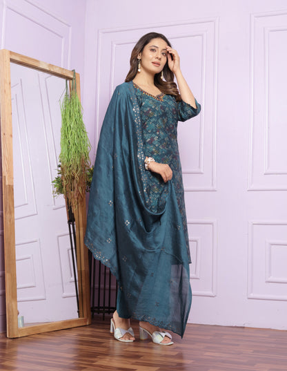 Modal Silk V-Neck Kurti Set in Indigo & Bandhani