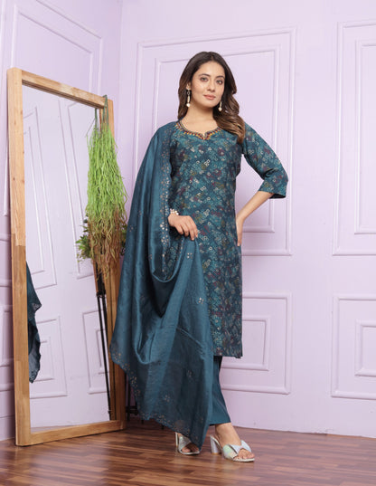 Modal Silk V-Neck Kurti Set in Indigo & Bandhani