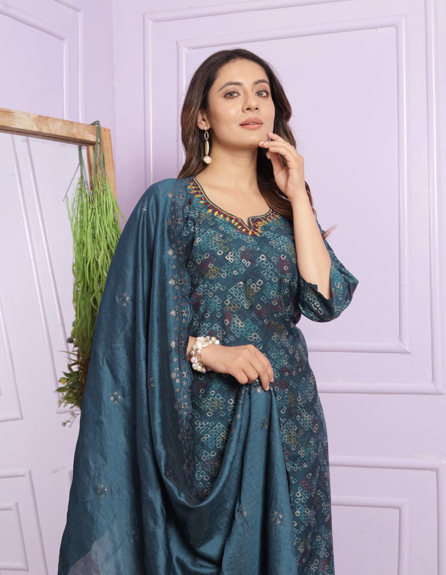 Modal Silk V-Neck Kurti Set in Indigo & Bandhani
