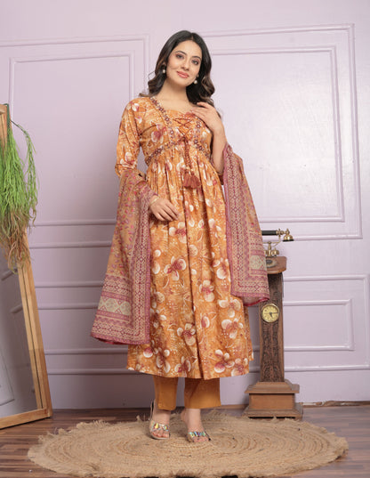 Mustard Cambric Cotton Embroidered Kurti Set