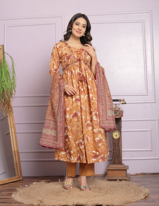 Mustard Cambric Cotton Embroidered Kurti Set
