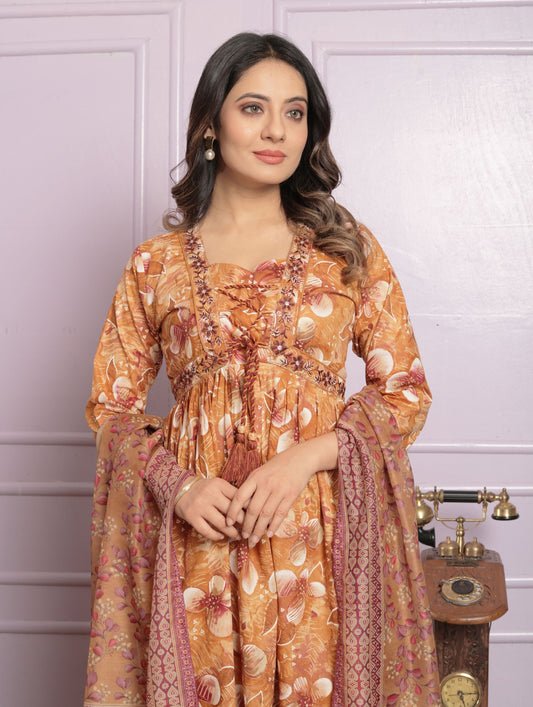 Mustard Cambric Cotton Embroidered Kurti Set