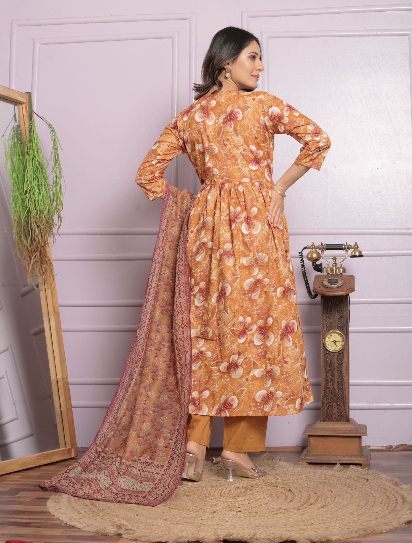 Mustard Cambric Cotton Embroidered Kurti Set