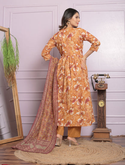 Mustard Cambric Cotton Embroidered Kurti Set